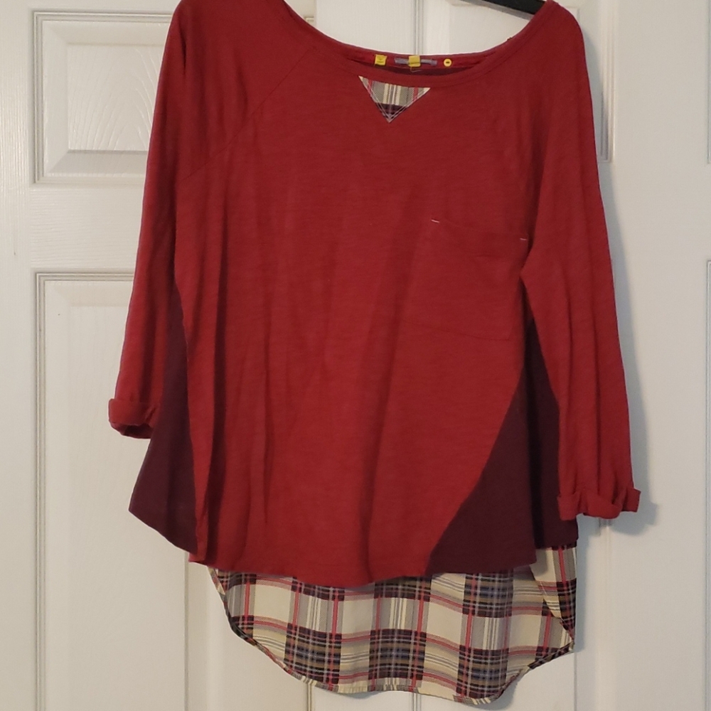 Anthropologie Maroon/Navy Plaid and Solid Shirt